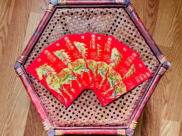 Year of the Horse Red Envelopes- Gold Embossed with Rainbow Accents (Long)