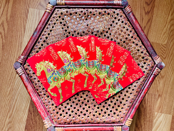 Year of the Horse Red Envelopes- Gold Embossed with Rainbow Accents (Long)